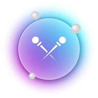 Beyaz arka planda beyaz örgü iğneleri ikonu var. El yapımı, örgü ya da terzi için etiket. Mavi ve mor eğimli çember arkaplan. Vektör.