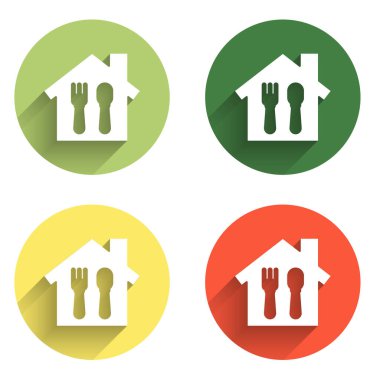 Çevrimiçi sipariş ve fast food dağıtım simgesini uzun gölgeli izole et. Renkli daire düğmesi. Vektör.