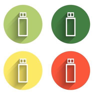 USB flash disk simgesini uzun gölge arkaplanı ile izole et. Renkli daire düğmesi. Vektör.