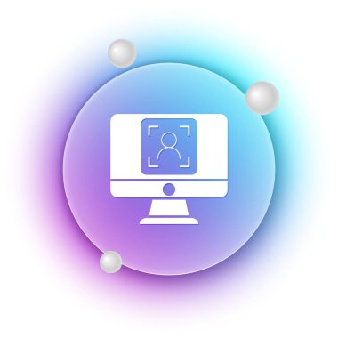 Beyaz arkaplanda yüz tanıma simgesine sahip beyaz monitör. Yüz tanımlama simgesi. Yüz tanıma. Siber güvenlik kavramı. Mavi ve mor eğimli çember arkaplan. Vektör.