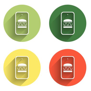 Çevrimiçi sipariş ve fast food dağıtım simgesini uzun gölgeli izole et. Burger tabelası. Renkli daire düğmesi. Vektör.