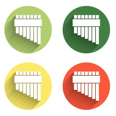 Pan flüt simgesini uzun gölge arkaplanı ile izole et. Geleneksel Peru müzik aleti. Zampona. Peru, Bolivya ve Meksika 'dan halk enstrümanı. Renkli daire düğmesi. Vektör.