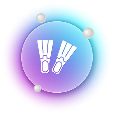 Beyaz arka planda izole edilmiş yüzme ikonu için beyaz plastik yüzgeçler. Dalış ekipmanları. Olağanüstü bir spor. Spor malzemeleri. Mavi ve mor eğimli çember arkaplan. Vektör.