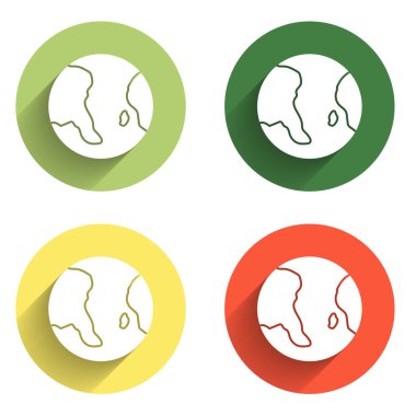 Dünya küresi simgesini uzun gölge arkaplanı ile izole et. Dünya ya da Dünya işareti. Küresel internet sembolü. Geometrik şekiller. Renkli daire düğmesi. Vektör.