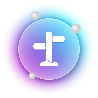 Beyaz Yol trafik tabelası. Beyaz arkaplanda sinyal simgesi izole edildi. İşaretçi sembolü. Sokak bilgi tabelası. Yön tabelası. Mavi ve mor eğimli çember arkaplan. Vektör.