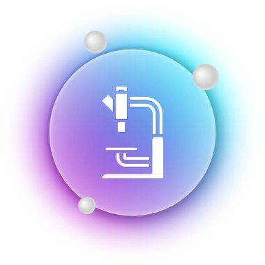 Beyaz arka planda beyaz mikroskop simgesi izole edildi. Kimya, ilaç aleti, mikrobiyoloji büyütme aracı. Mavi ve mor eğimli çember arkaplan. Vektör.