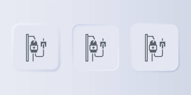 Gri arka planda gri serum ikonu izole edildi. Kan torbası. Kan bağışı konsepti. Tedavi ve terapi kavramı, kemoterapi. Kare düğmelere simgeleri yerleştir. Vektör.