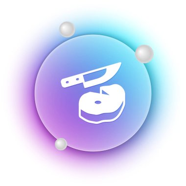 Beyaz arka planda beyaz et ve bıçak ikonu var. Et dilimliyorum. Mavi ve mor eğimli çember arkaplan. Vektör.