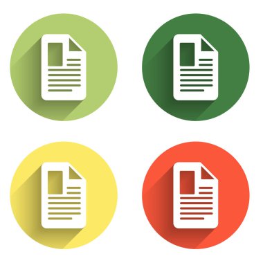 Dosya belgesi simgesini uzun gölge arkaplanı ile izole et. Kontrol listesi simgesi. İş konsepti. Renkli daire düğmesi. Vektör.