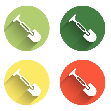 Kürek simgesini uzun gölge arkaplanı ile izole et. Bahçe aletleri. Bahçecilik, tarım, çiftçilik aleti. Renkli daire düğmesi. Vektör.