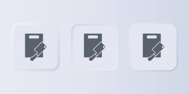 Gri kesme tahtası ve et helikopter simgesi gri arka planda izole edildi. Kasap bıçağı. Tahta kesme sembolü. Kare düğmelere simgeleri yerleştir. Vektör.