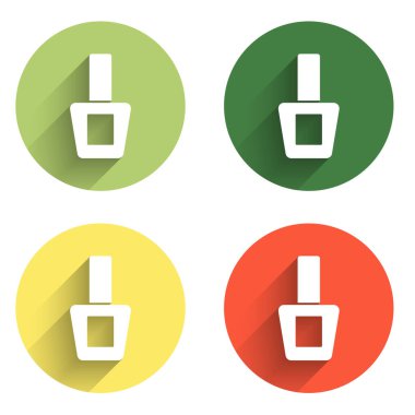 Tırnak cilası şişesi simgesini uzun gölge arkaplanı ile izole et. Renkli daire düğmesi. Vektör.