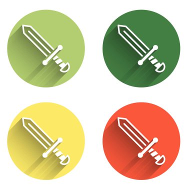 Ortaçağ kılıç simgesini uzun gölgeli izole et. Ortaçağ silahı. Renkli daire düğmesi. Vektör.