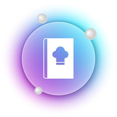 Beyaz yemek kitabı simgesi beyaz arkaplanda izole edildi. Yemek kitabı ikonu. Yemek tarifi kitabı. Çatal ve bıçak ikonları. Çatal bıçak sembolü. Mavi ve mor eğimli çember arkaplan. Vektör.