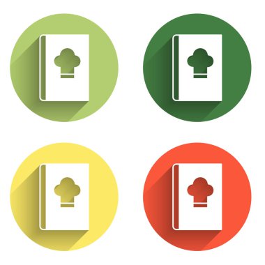 Yemek kitabı simgesini uzun gölge arkaplanı ile izole et. Yemek kitabı ikonu. Yemek tarifi kitabı. Çatal ve bıçak ikonları. Çatal bıçak sembolü. Renkli daire düğmesi. Vektör.