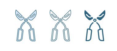 Beyaz arkaplanda izole edilmiş simgeyi budamak için mavi bahçe makası. Ahşap saplı budama makası. Vektör.