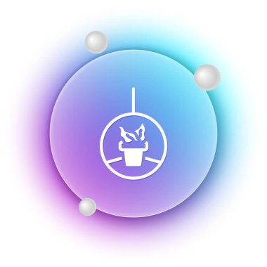 Asılan saksı ikonundaki beyaz bitki beyaz arka planda izole edilmiş. Çiçek saksısı için el yapımı dekoratif makrome askılar, kapalı alandaki bitkiler. Mavi ve mor eğimli çember arkaplan. Vektör.