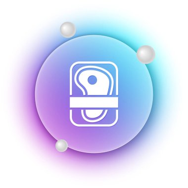 Beyaz et ambalajlı biftek ikonu beyaz arka planda izole edilmiş. Plastik pakette taze biftek. Organik ürün. Mavi ve mor eğimli çember arkaplan. Vektör.