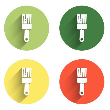 Boya fırçası simgesini uzun gölge arkaplanı ile izole et. Renkli daire düğmesi. Vektör.