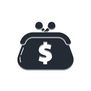 Beyaz arka planda dolar sembolü olan siyah cüzdan. Çanta ikonu. Nakit tasarruf sembolü. Vektör.