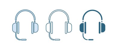 Beyaz arka planda izole edilmiş mikrofon ikonlu mavi kulaklıklar. Vektör.