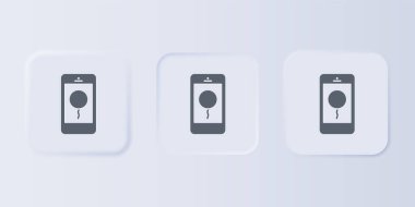 Gri arkaplanda doğum günü mesajı simgesi olan gri cep telefonu. Kare düğmelere simgeleri yerleştir. Vektör.