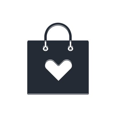 Beyaz arka planda kalp ikonu olan siyah alışveriş torbası. Alışveriş torbası sevgisi kalp ikonu gibidir. Sevgililer Günü sembolü. Vektör.