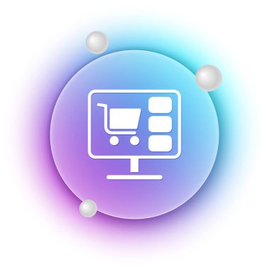 Ekran bilgisayarındaki beyaz alışveriş arabası beyaz arkaplanda izole edilmiş. Konsept e-ticaret, e-ticaret, online iş pazarlama. Mavi ve mor eğimli çember arkaplan. Vektör.