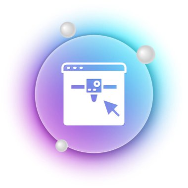 Beyaz 3D yazıcı ayarı simgesi beyaz arkaplanda izole edildi. 3D baskı. Mavi ve mor eğimli çember arkaplan. Vektör.