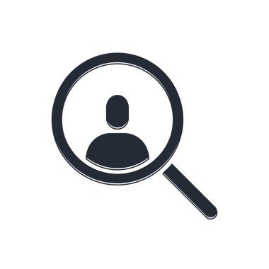 Beyaz arka planda izole edilmiş bir insan simgesini aramak için siyah büyüteç. İşe alım ya da seçim konsepti. Çalışanları ve işi ara. Vektör.