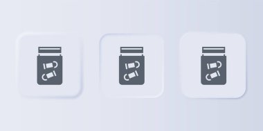Gri arka planda kurşun ikonu olan gri kanıt torbası. Kare düğmelere simgeleri yerleştir. Vektör.