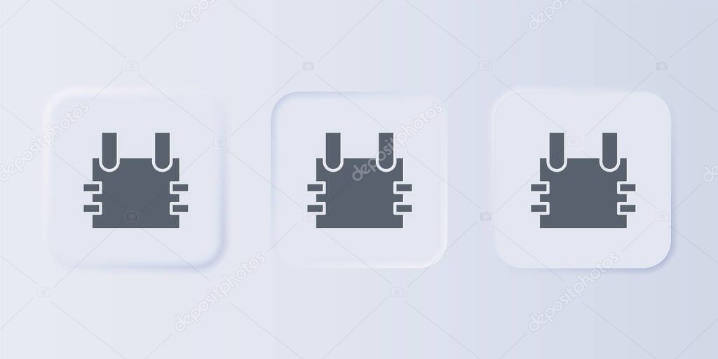 Grey Bulletproof vest for protection from bullets icon isolated on grey background. Body armor sign. Military clothing. Set icons in square buttons. Vector.