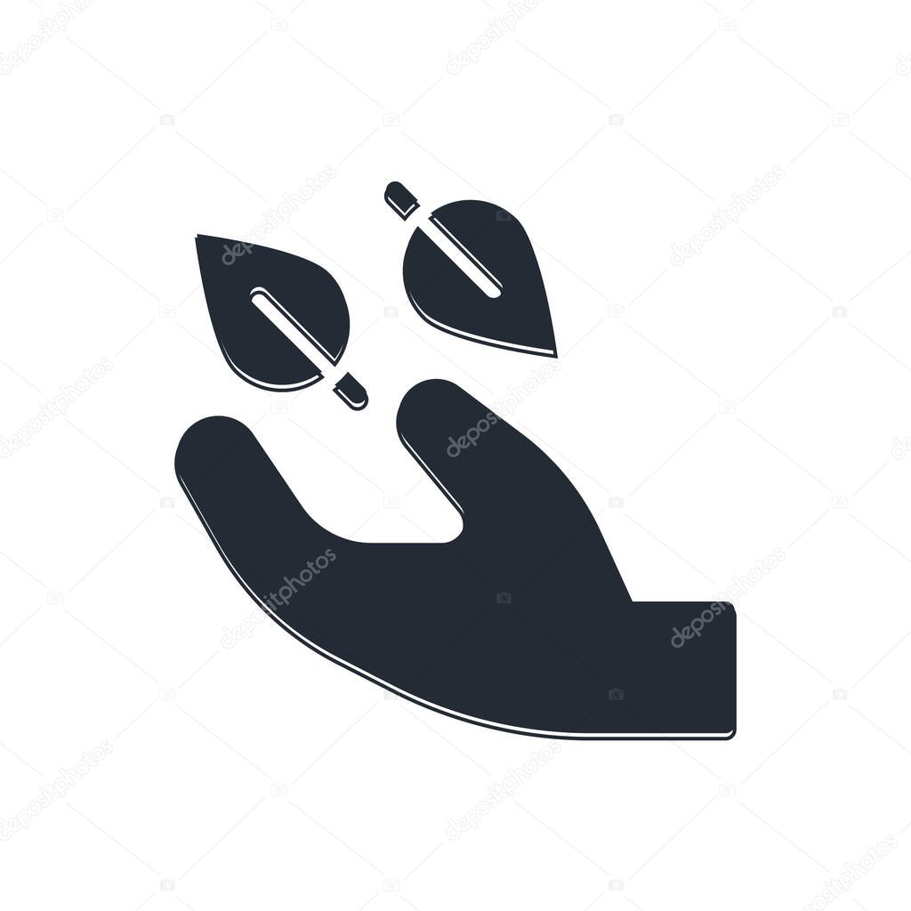 Black Tea leaf in hand icon isolated on white background. Tea leaves.  Vector.