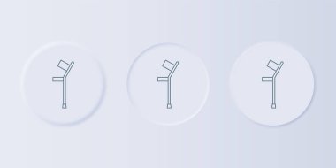 Gri arkaplanda gri koltuk değneği ya da koltuk değneği simgesi var. Kas iskeleti hastalığı olan insanların rehabilitasyonu için gerekli ekipman. Kare düğmelere simgeleri yerleştir. Vektör.