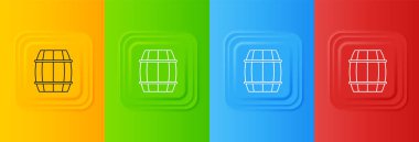 Beyaz tahta varil ikonu renkli arka planda izole edilmiş. Alkol fıçısı, içki kabı, bira için tahta fıçı, viski, şarap. Kare düğmelere simgeleri yerleştir. Vektör.