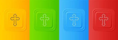 Beyaz Hıristiyan haç simgesi renkli arkaplanda izole edilmiş. Kilise haçı. Kare düğmelere simgeleri yerleştir. Vektör.