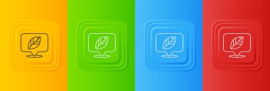 Renkli arkaplanda yaprak olan beyaz konum broşu. Kare düğmelere simgeleri yerleştir. Vektör.