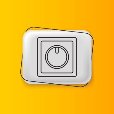 Sarı arkaplanda siyah elektrik düğmesi simgesi izole edildi. Açık ve kapalı simgesi. Loş ışık düğmesi işareti. Enerji tasarrufu kavramı. Gümüş dikdörtgen düğme. Vektör.