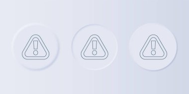 Gri arkaplanda, üçgen ikonunda gri ünlem izi var. Tehlike uyarısı, dikkat, dikkat, tehlike uyarısı önemli. Kare düğmelere simgeleri yerleştir. Vektör.