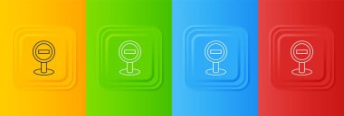 Beyaz Durak simgesi renkli arkaplanda izole edildi. Trafik yönetmeliklerine göre dur işareti. Kare düğmelere simgeleri yerleştir. Vektör.