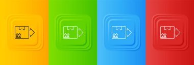 Renkli arkaplanda izole edilmiş trafik sembolü simgesi olan beyaz karton kutu. Kutu, paket, paket. Teslimat, ulaşım ve nakliye. Kare düğmelere simgeleri yerleştir. Vektör.