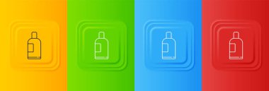 Renkli arka planda beyaz şampuan ikonu izole edilmiş. Kare düğmelere simgeleri yerleştir. Vektör.