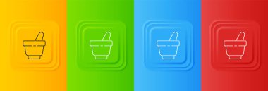 Beyaz havan topu ve tokmak simgesi renkli arkaplanda izole edilmiş. Kare düğmelere simgeleri yerleştir. Vektör.