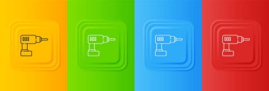 Beyaz Elektrik sondaj makinesi simgesi renkli arkaplanda izole edildi. Tamir aleti. Kare düğmelere simgeleri yerleştir. Vektör.