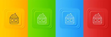 Renkli arka planda beyaz krem ya da losyon kozmetik tüp ikonu izole edilmiş. Kadınlar için vücut bakım ürünleri. Kare düğmelere simgeleri yerleştir. Vektör.