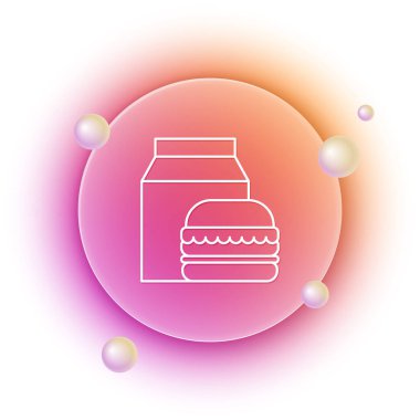 White Online sipariş ve hamburger dağıtım ikonu beyaz arka planda izole edildi. Turuncu ve pembe eğimli çember arka planı. Vektör.