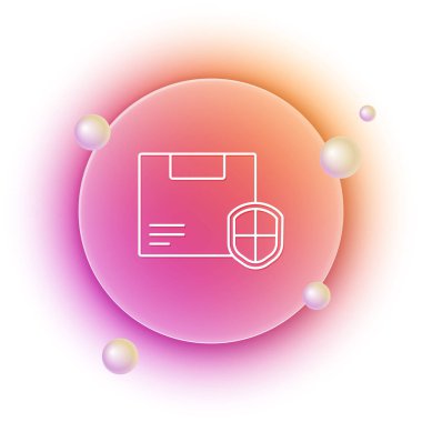 Beyaz arka planda kalkan simgesi olan beyaz teslimat güvenliği. Teslimat sigortası. Kalkanın ötesinde sigorta kutuları var. Turuncu ve pembe eğimli çember arka planı. Vektör.