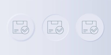 Gri arkaplan üzerinde işaret simgesi olan gri paket kutusu. Paket kutusu. Onaylanmış teslimat veya başarılı paket makbuzu. Kare düğmelere simgeleri yerleştir. Vektör.