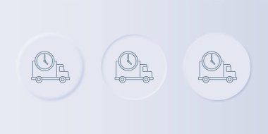 Gri Lojistik dağıtım kamyonu ve saat simgesi gri arka planda izole edildi. Teslimat zamanı ikonu. Kare düğmelere simgeleri yerleştir. Vektör.