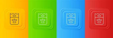 Renkli arka planda izole edilmiş köpek ikonu için beyaz yiyecek torbası. Köpek ya da kedi pençesi izi. Hayvanlar için yiyecek. Hayvan maması paketi. Kare düğmelere simgeleri yerleştir. Vektör.